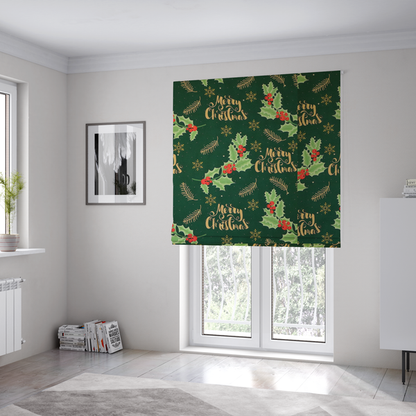 Traditional Holly & Gold Merry Christmas Script Upholstery Fabric DP-67 - Roman Blinds