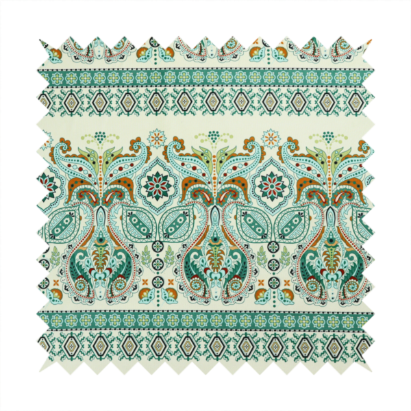 Horizontal bands of intricate, traditional-inspired paisley motifs and geometric diamond patterns separated by decorative borders.