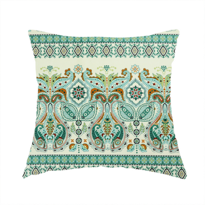 The fabric used to create this handmade cushion is a horizontal bands of intricate, traditional-inspired paisley motifs and geometric diamond patterns separated by decorative borders.