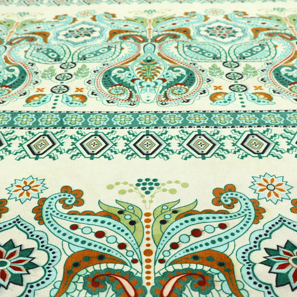Horizontal bands of intricate, traditional-inspired paisley motifs and geometric diamond patterns separated by decorative borders.