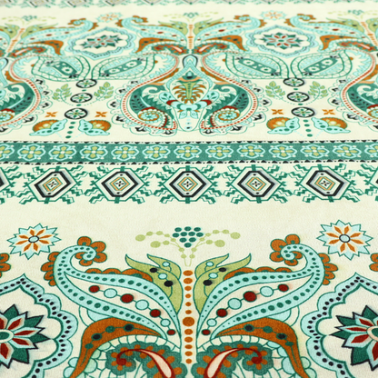 Horizontal bands of intricate, traditional-inspired paisley motifs and geometric diamond patterns separated by decorative borders.