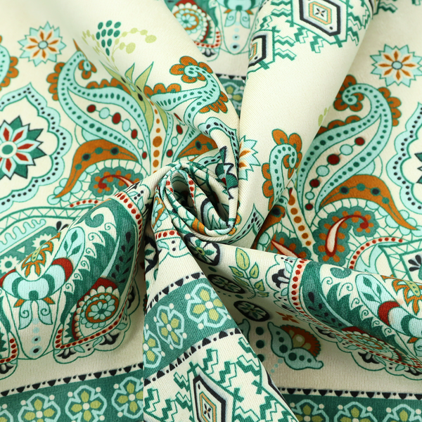 Horizontal bands of intricate, traditional-inspired paisley motifs and geometric diamond patterns separated by decorative borders.
