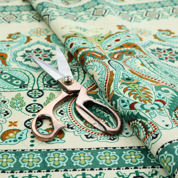 Horizontal bands of intricate, traditional-inspired paisley motifs and geometric diamond patterns separated by decorative borders.