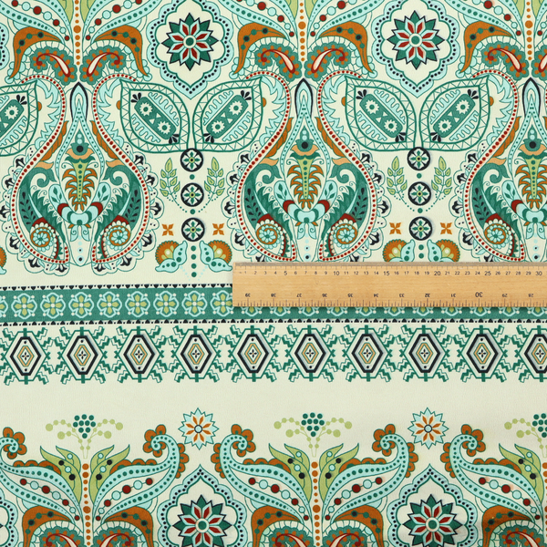 Horizontal bands of intricate, traditional-inspired paisley motifs and geometric diamond patterns separated by decorative borders.