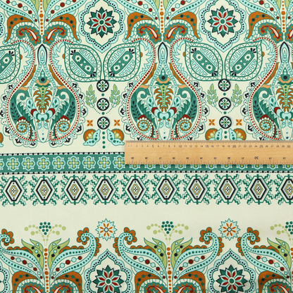 Horizontal bands of intricate, traditional-inspired paisley motifs and geometric diamond patterns separated by decorative borders.