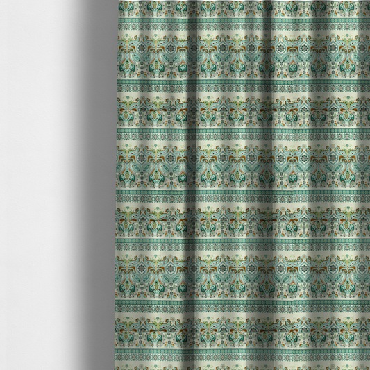 The fabric used to create these made-to-measure curtains is a horizontal bands of intricate, traditional-inspired paisley motifs and geometric diamond patterns separated by decorative borders.