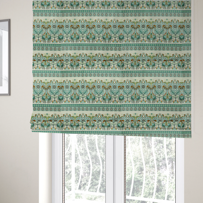The fabric used to create these Roman blinds is a horizontal bands of intricate, traditional-inspired paisley motifs and geometric diamond patterns separated by decorative borders.