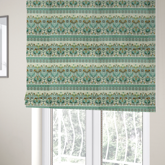 The fabric used to create these Roman blinds is a horizontal bands of intricate, traditional-inspired paisley motifs and geometric diamond patterns separated by decorative borders.