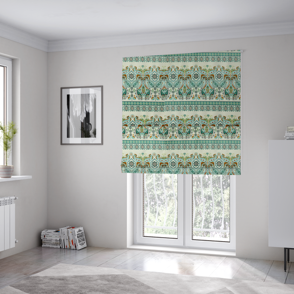 The fabric used to create these Roman blinds is a horizontal bands of intricate, traditional-inspired paisley motifs and geometric diamond patterns separated by decorative borders.