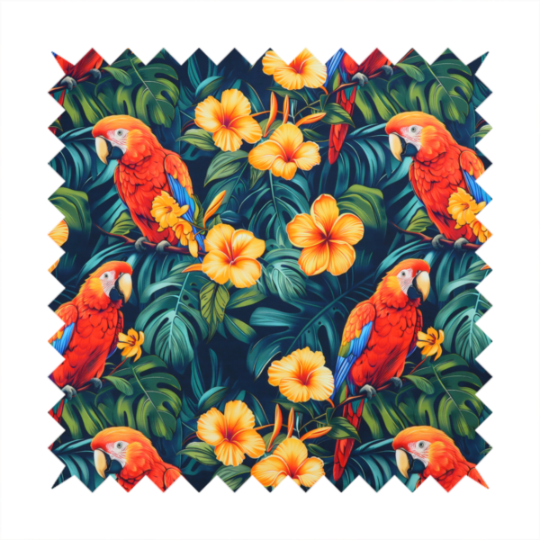 A tropical jungle print featuring vibrant red and yellow macaws perched amidst large green monstera leaves and bright yellow hibiscus flowers.