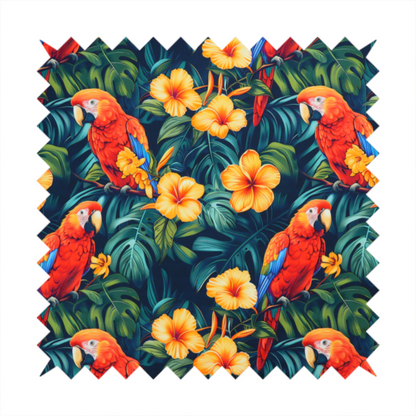 A tropical jungle print featuring vibrant red and yellow macaws perched amidst large green monstera leaves and bright yellow hibiscus flowers.