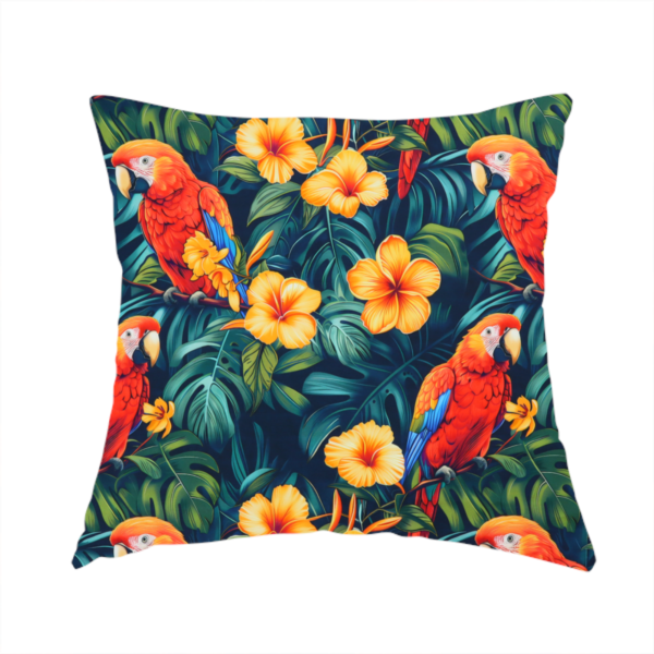 The fabric used to create this handmade cushion is a tropical jungle print featuring vibrant red and yellow macaws perched amidst large green monstera leaves and bright yellow hibiscus flowers.