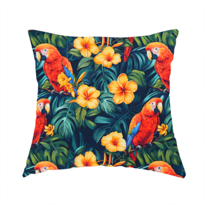 The fabric used to create this handmade cushion is a tropical jungle print featuring vibrant red and yellow macaws perched amidst large green monstera leaves and bright yellow hibiscus flowers.