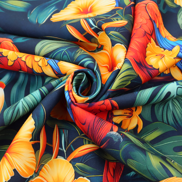 A tropical jungle print featuring vibrant red and yellow macaws perched amidst large green monstera leaves and bright yellow hibiscus flowers.