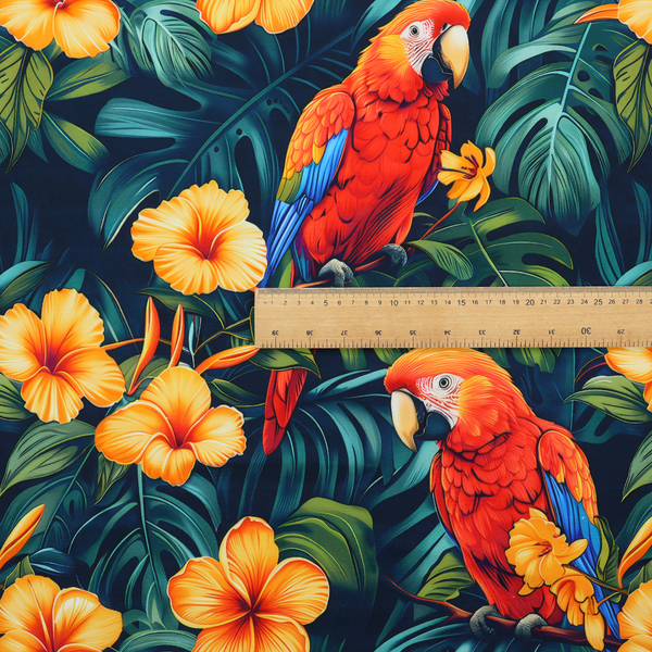 A tropical jungle print featuring vibrant red and yellow macaws perched amidst large green monstera leaves and bright yellow hibiscus flowers.