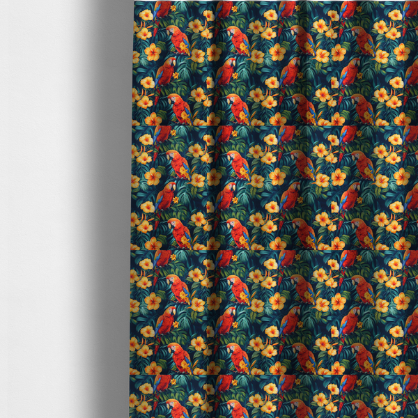 The fabric used to create these made-to-measure curtains is a tropical jungle print featuring vibrant red and yellow macaws perched amidst large green monstera leaves and bright yellow hibiscus flowers.