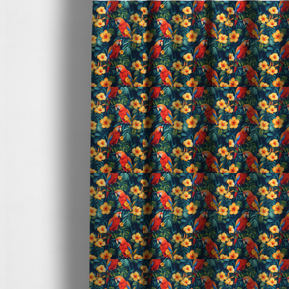 The fabric used to create these made-to-measure curtains is a tropical jungle print featuring vibrant red and yellow macaws perched amidst large green monstera leaves and bright yellow hibiscus flowers.
