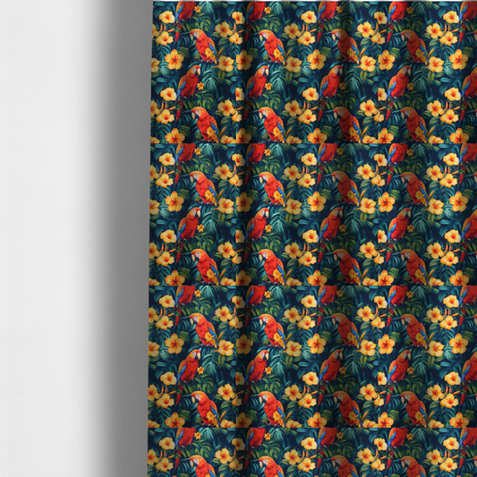 The fabric used to create these made-to-measure curtains is a tropical jungle print featuring vibrant red and yellow macaws perched amidst large green monstera leaves and bright yellow hibiscus flowers.