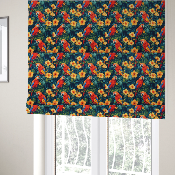 The fabric used to create these Roman blinds is a tropical jungle print featuring vibrant red and yellow macaws perched amidst large green monstera leaves and bright yellow hibiscus flowers.