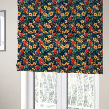The fabric used to create these Roman blinds is a tropical jungle print featuring vibrant red and yellow macaws perched amidst large green monstera leaves and bright yellow hibiscus flowers.