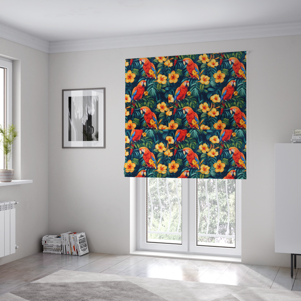 The fabric used to create these Roman blinds is a tropical jungle print featuring vibrant red and yellow macaws perched amidst large green monstera leaves and bright yellow hibiscus flowers.