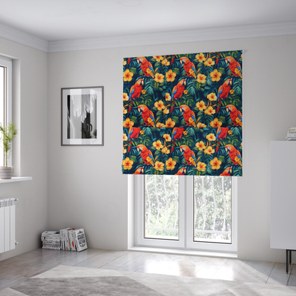 The fabric used to create these Roman blinds is a tropical jungle print featuring vibrant red and yellow macaws perched amidst large green monstera leaves and bright yellow hibiscus flowers.