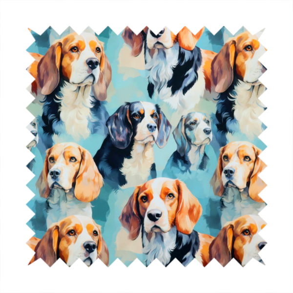 A repeating illustrated pattern featuring portraits of beagle dogs in various poses and colour variations against a soft blue background.