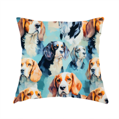 The fabric used to create this handmade cushion is a repeating illustrated pattern featuring portraits of beagle dogs in various poses and colour variations against a soft blue background.
