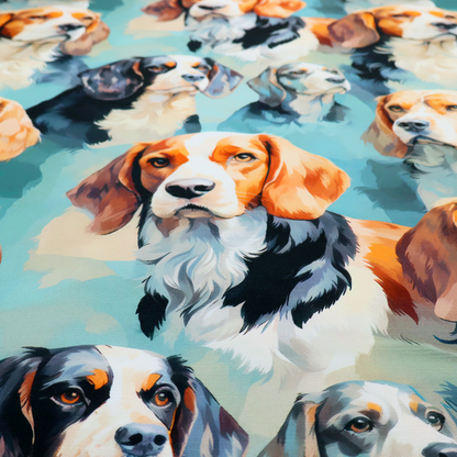 A repeating illustrated pattern featuring portraits of beagle dogs in various poses and colour variations against a soft blue background.