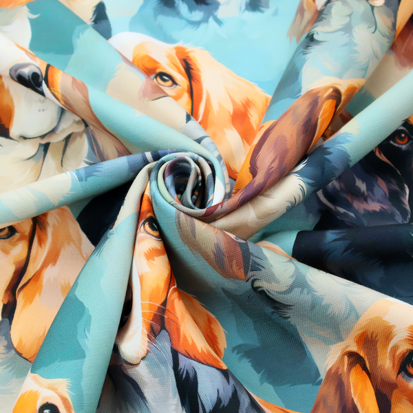 A repeating illustrated pattern featuring portraits of beagle dogs in various poses and colour variations against a soft blue background.
