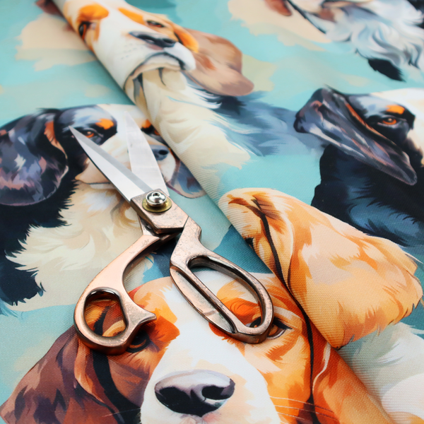 A repeating illustrated pattern featuring portraits of beagle dogs in various poses and colour variations against a soft blue background.