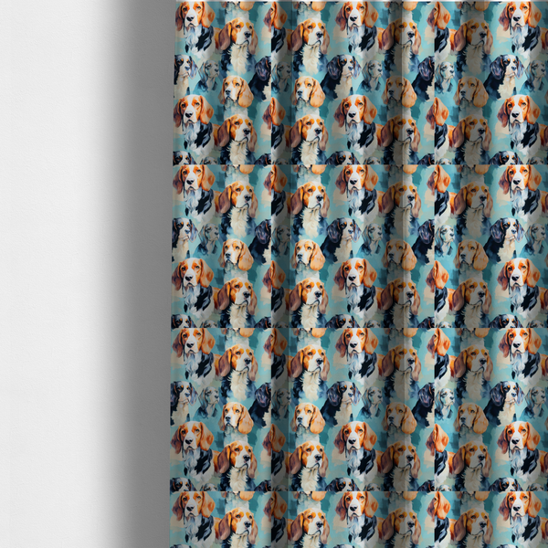 The fabric used to create these made-to-measure curtains is a repeating illustrated pattern featuring portraits of beagle dogs in various poses and colour variations against a soft blue background.