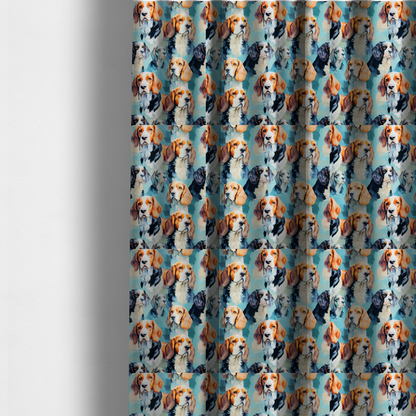 The fabric used to create these made-to-measure curtains is a repeating illustrated pattern featuring portraits of beagle dogs in various poses and colour variations against a soft blue background.
