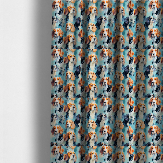 The fabric used to create these made-to-measure curtains is a repeating illustrated pattern featuring portraits of beagle dogs in various poses and colour variations against a soft blue background.