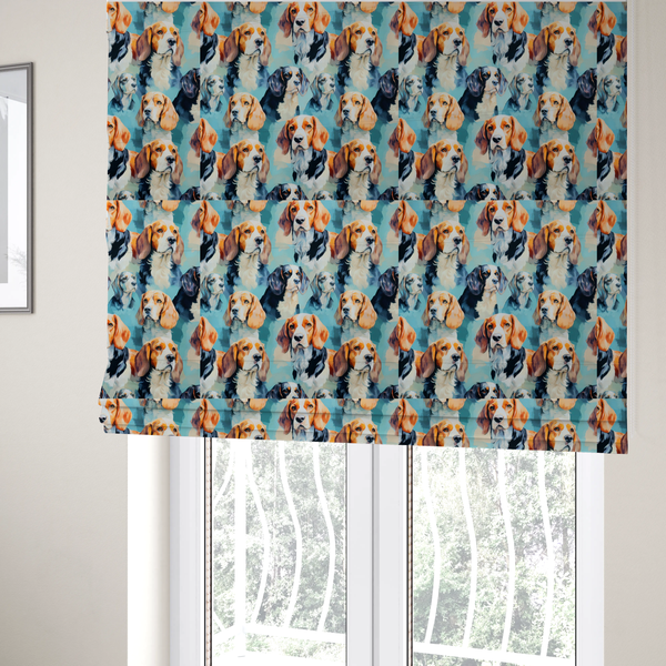 The fabric used to create these Roman blinds is a repeating illustrated pattern featuring portraits of beagle dogs in various poses and colour variations against a soft blue background.