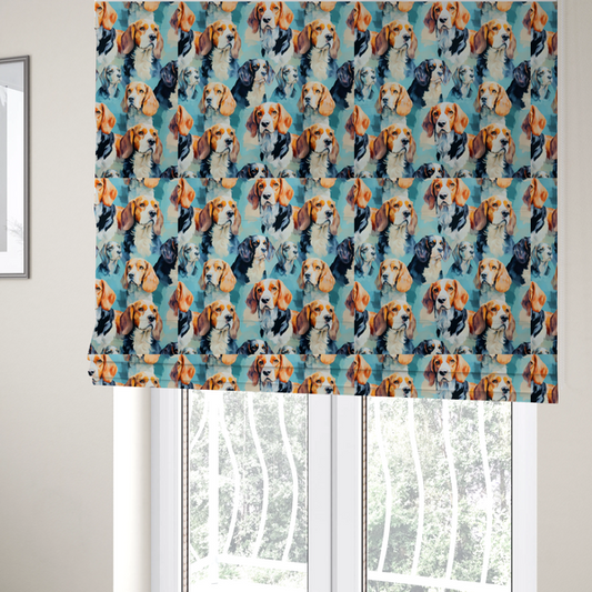 The fabric used to create these Roman blinds is a repeating illustrated pattern featuring portraits of beagle dogs in various poses and colour variations against a soft blue background.