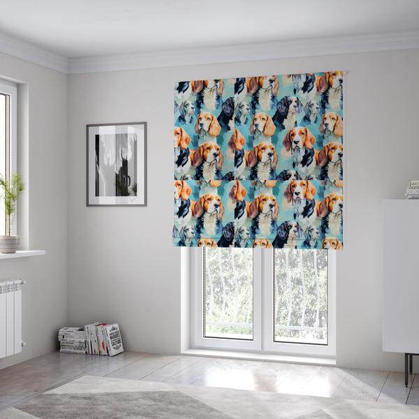 The fabric used to create these Roman blinds is a repeating illustrated pattern featuring portraits of beagle dogs in various poses and colour variations against a soft blue background.