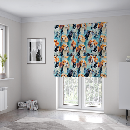 The fabric used to create these Roman blinds is a repeating illustrated pattern featuring portraits of beagle dogs in various poses and colour variations against a soft blue background.