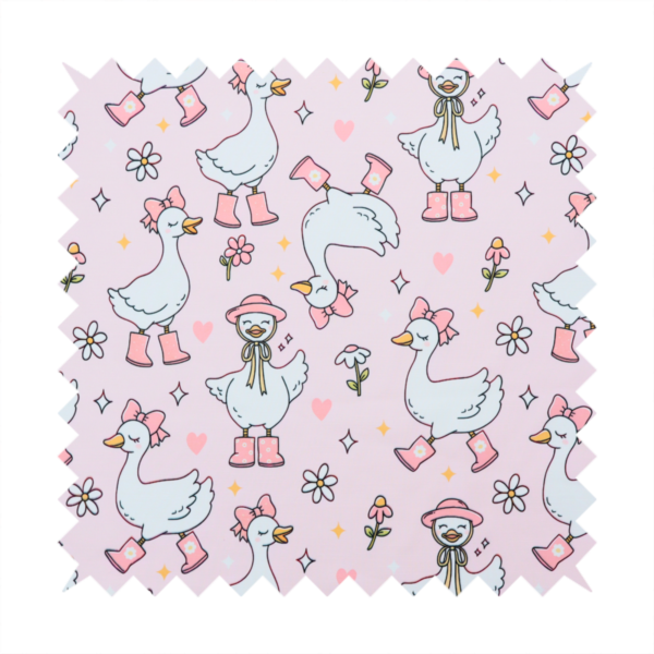 A cute, whimsical cartoon print featuring white geese wearing pink rain boots and matching pink hats or bows, interspersed with small flowers, hearts, and sparkles.