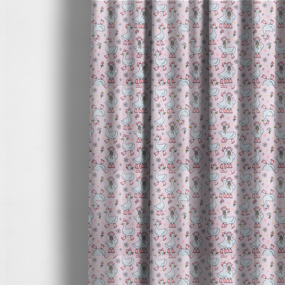 The fabric used to create these made-to-measure curtains is a cute, whimsical cartoon print featuring white geese wearing pink rain boots and matching pink hats or bows, interspersed with small flowers, hearts, and sparkles.