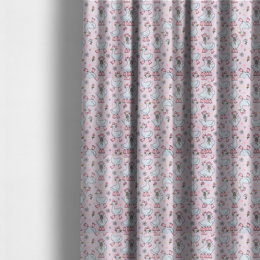 The fabric used to create these made-to-measure curtains is a cute, whimsical cartoon print featuring white geese wearing pink rain boots and matching pink hats or bows, interspersed with small flowers, hearts, and sparkles.