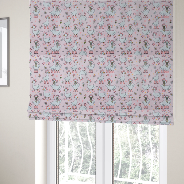 The fabric used to create these Roman blinds is a cute, whimsical cartoon print featuring white geese wearing pink rain boots and matching pink hats or bows, interspersed with small flowers, hearts, and sparkles.