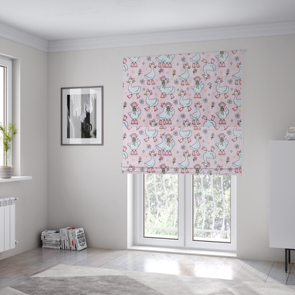 The fabric used to create these Roman blinds is a cute, whimsical cartoon print featuring white geese wearing pink rain boots and matching pink hats or bows, interspersed with small flowers, hearts, and sparkles.