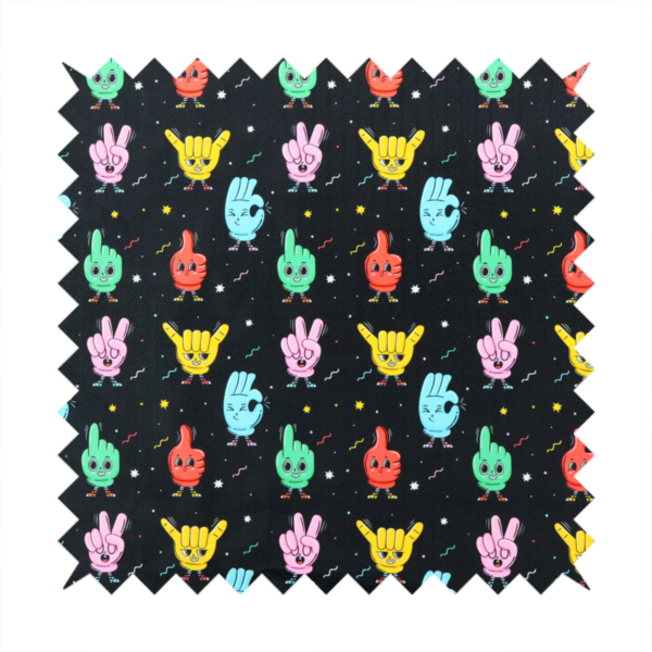 A quirky, fun cartoon print featuring anthropomorphic hands with cute faces making various gestures (like thumbs up, peace signs, and rock hand signs), scattered among tiny stars and squiggly lines.