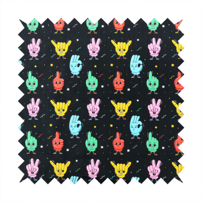 A quirky, fun cartoon print featuring anthropomorphic hands with cute faces making various gestures (like thumbs up, peace signs, and rock hand signs), scattered among tiny stars and squiggly lines.