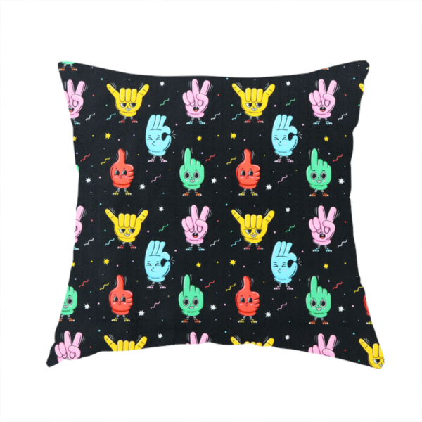 The fabric used to create this handmade cushion is a quirky, fun cartoon print featuring anthropomorphic hands with cute faces making various gestures (like thumbs up, peace signs, and rock hand signs), scattered among tiny stars and squiggly lines.