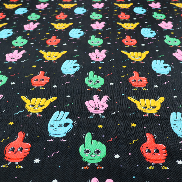 A quirky, fun cartoon print featuring anthropomorphic hands with cute faces making various gestures (like thumbs up, peace signs, and rock hand signs), scattered among tiny stars and squiggly lines.