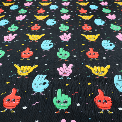 A quirky, fun cartoon print featuring anthropomorphic hands with cute faces making various gestures (like thumbs up, peace signs, and rock hand signs), scattered among tiny stars and squiggly lines.