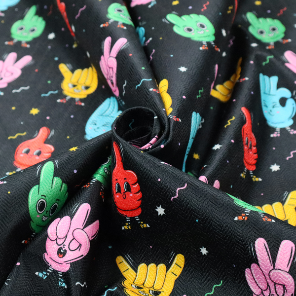 A quirky, fun cartoon print featuring anthropomorphic hands with cute faces making various gestures (like thumbs up, peace signs, and rock hand signs), scattered among tiny stars and squiggly lines.