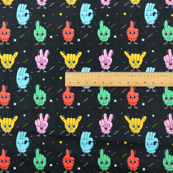 A quirky, fun cartoon print featuring anthropomorphic hands with cute faces making various gestures (like thumbs up, peace signs, and rock hand signs), scattered among tiny stars and squiggly lines.